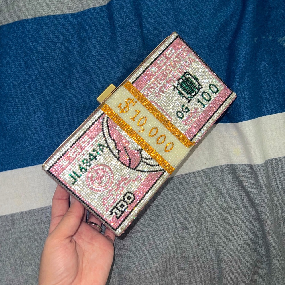 Pink rhinestone money clutch